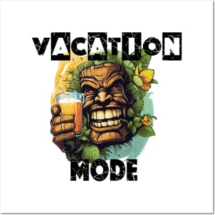 Tiki Statue Holding A Beer - Vacation Mode (Black Lettering) Posters and Art